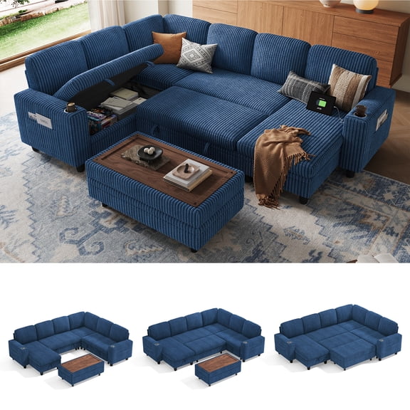 Linsy Home Plush Corduroy Sleeper Sofa Bed with Storage Seat, Pull Out Couch Bed with Multifunctional Storage Ottoman, 7 Seat Sectional Couches for Living Room, Apartment, Navy Blue
