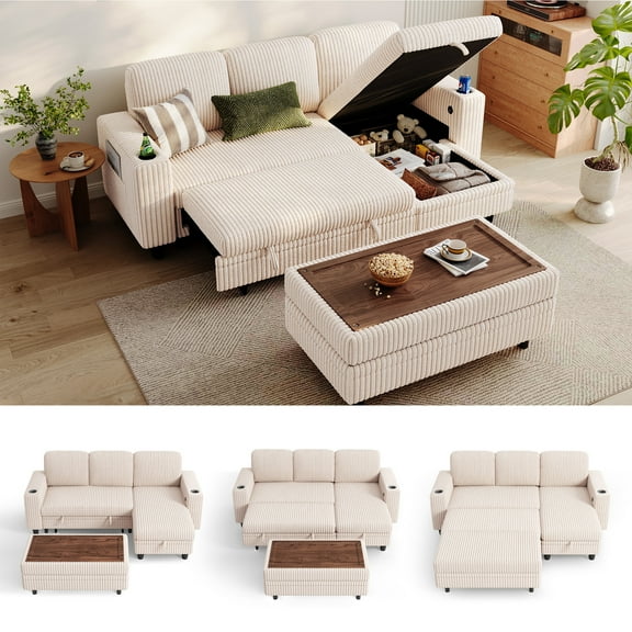 Linsy Home Plush Corduroy Sleeper Sofa Bed with Storage Seat, Pull Out Couch Bed with Multifunctional Storage Ottoman, L-Shaped Sectional Couches for Living Room, Apartment, Beige