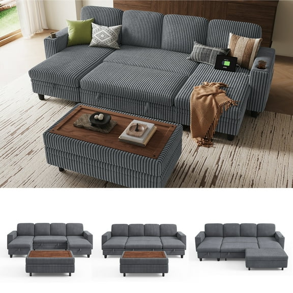 Linsy Home Plush Corduroy Sleeper Sofa Bed with Storage Seat, Pull Out Couch Bed with Multifunctional Storage Ottoman, U-Shaped Sectional Couches for Living Room, Apartment, Dark Grey