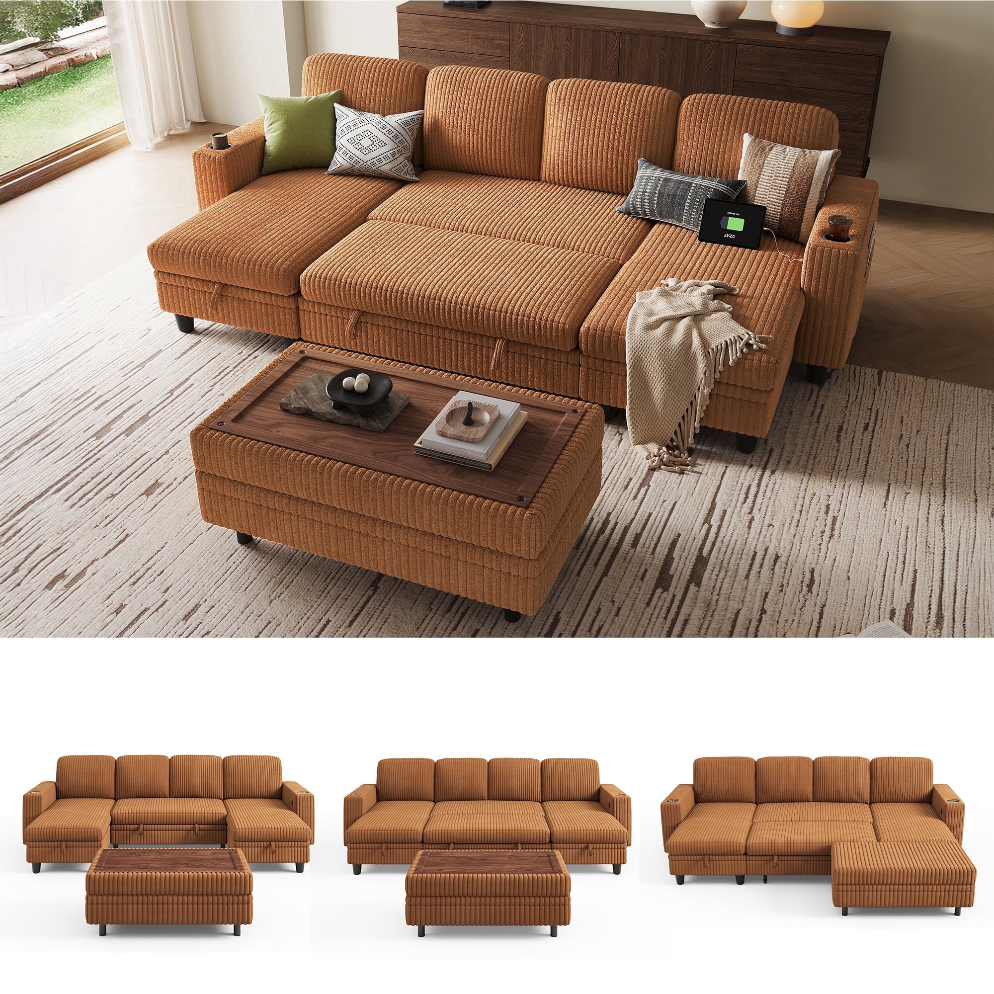 LINSY HOME Modular Sectional Sofa Bed with Storage Seat, Pull Out Couch Bed with Storage Ottoman, Sectional Couches for Living Room, Brown