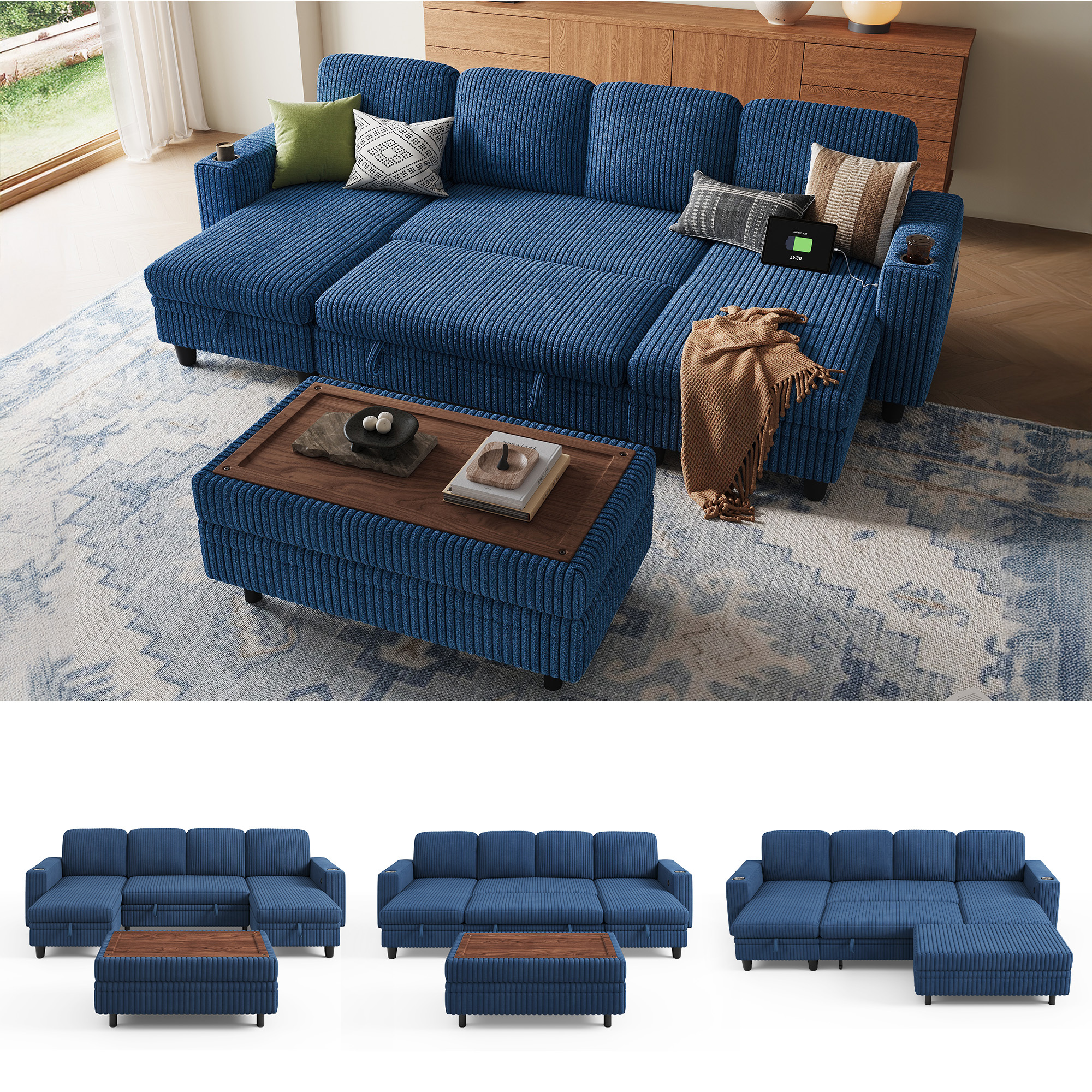 Linsy Home Plush Corduroy Sleeper Sofa Bed with Storage Seat, Pull Out
