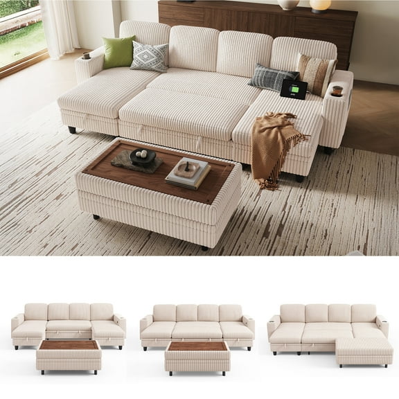 Linsy Home Plush Corduroy Sleeper Sofa Bed with Storage Seat, Pull Out Couch Bed with Multifunctional Storage Ottoman, U-Shaped Sectional Couches for Living Room, Apartment, Beige