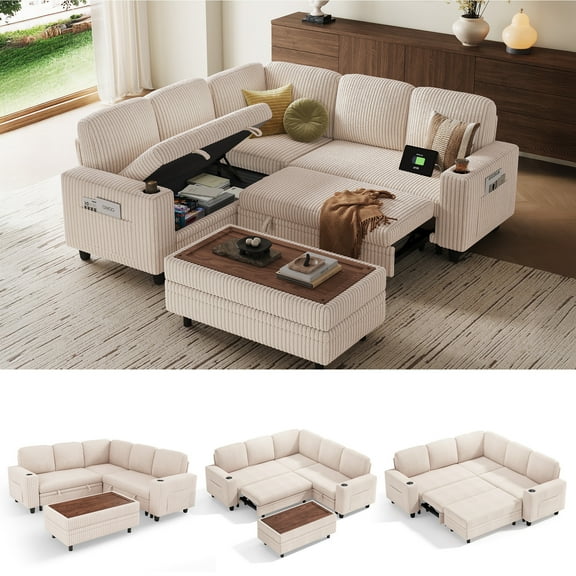 Linsy Home Plush Corduroy Sleeper Sofa Bed with Storage Seat, Pull Out Couch Bed with Multifunctional Storage Ottoman, V-Shaped Sectional Couches for Living Room, Apartment, Beige