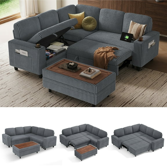 Linsy Home Plush Corduroy Sleeper Sofa Bed with Storage Seat, Pull Out Couch Bed with Multifunctional Storage Ottoman, V-Shaped Sectional Couches for Living Room, Apartment, Dark Grey