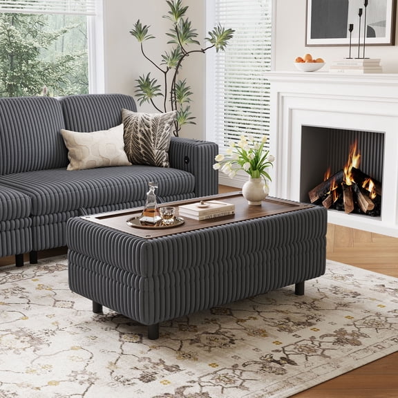 LINSY HOME Plush Corduroy Storage Ottoman, Upholstered Ottoman Bench for Sofa for Living Room, Bedroom or Entryway, Dark Grey