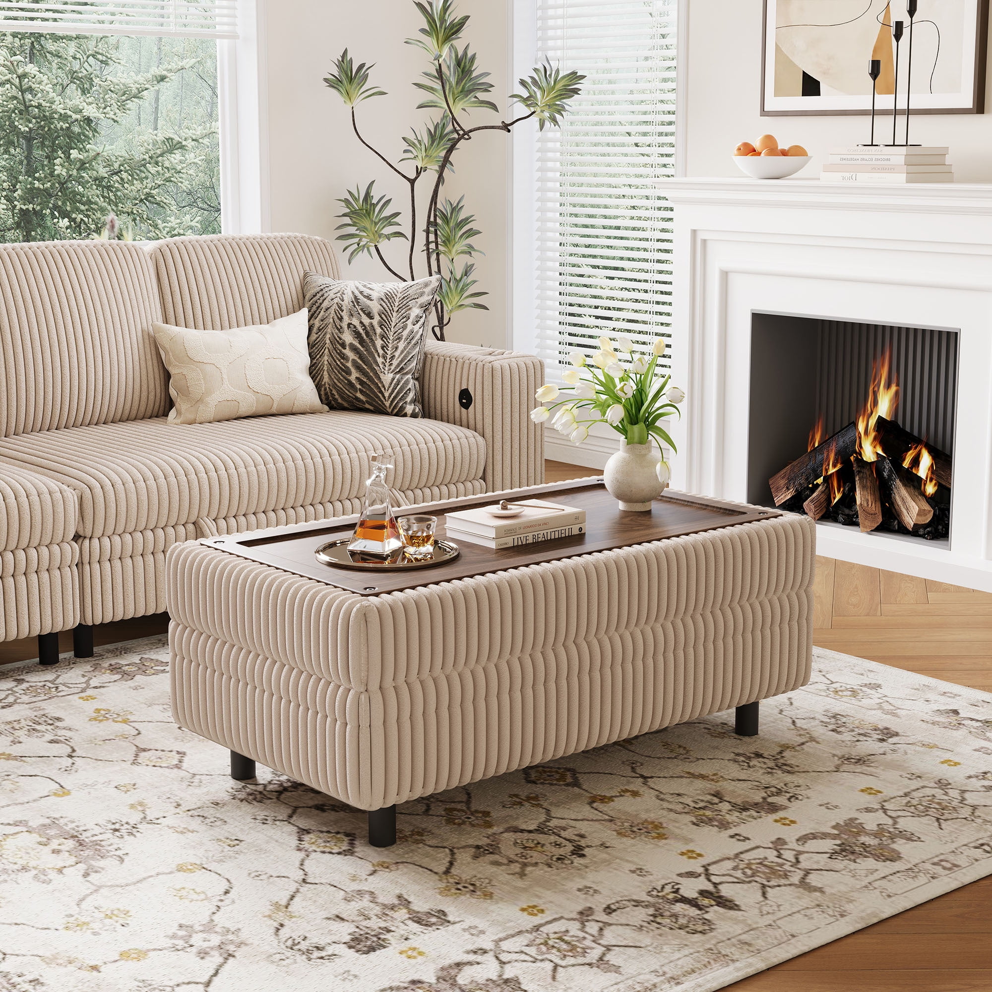Linsy Home Plush Corduroy Storage Ottoman, Upholstered Ottoman Bench for Sofa, Coffee Table or Footrest, for Living Room, Bedroom or Entryway, Beige
