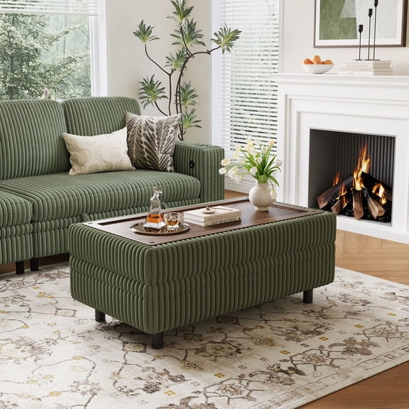 Linsy Home Plush Corduroy Storage Ottoman, Upholstered Ottoman Bench for Sofa, Coffee Table or Footrest, for Living Room, Bedroom or Entryway, Green