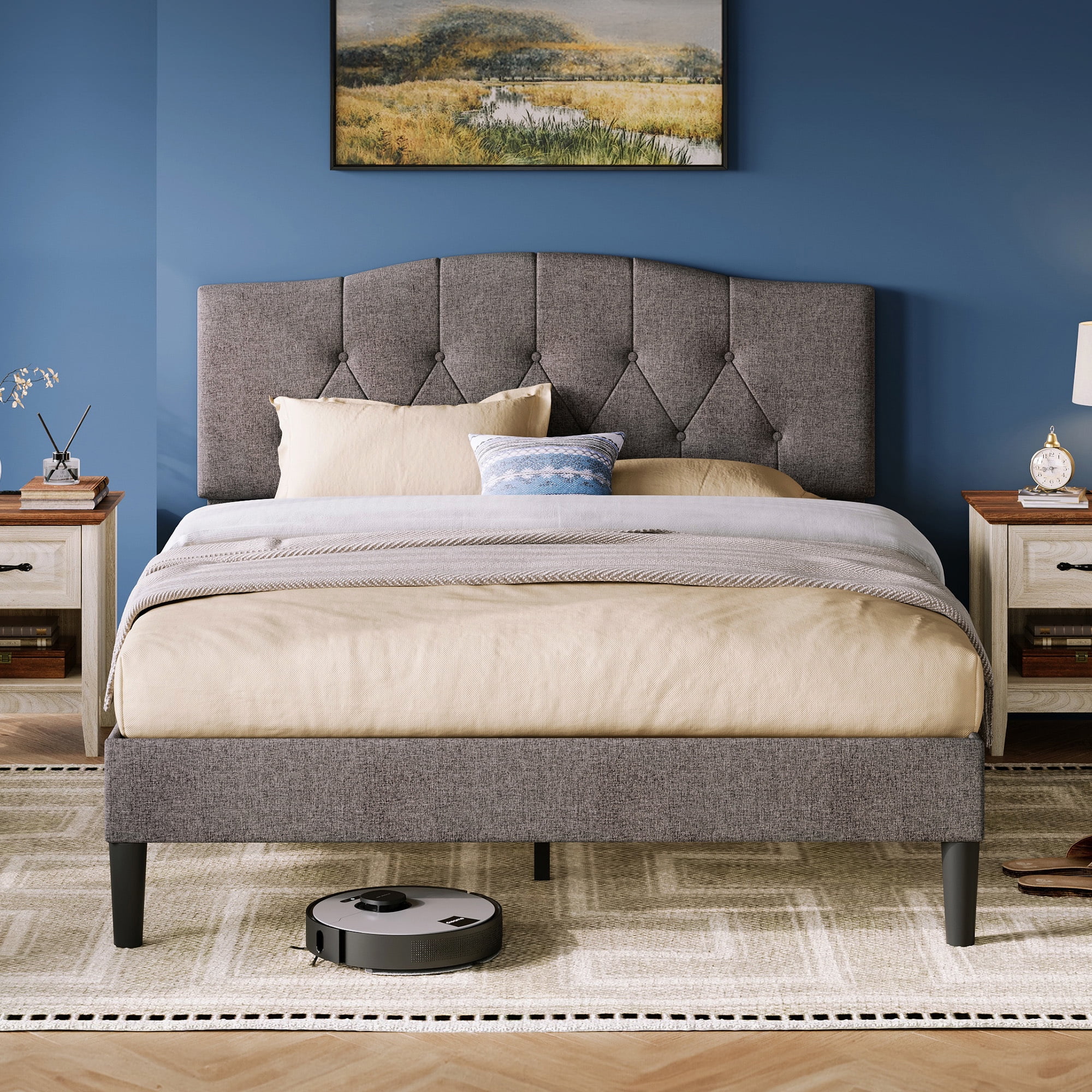 Linsy Home Queen Platform Bed Frame with Adjustable Linen Upholstered ...