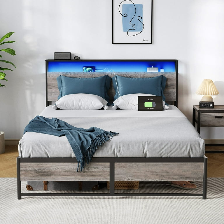 Linsy Home Queen Size Heavy Duty Metal Bed Frame with Headboard and 3 Shelves Light Grey