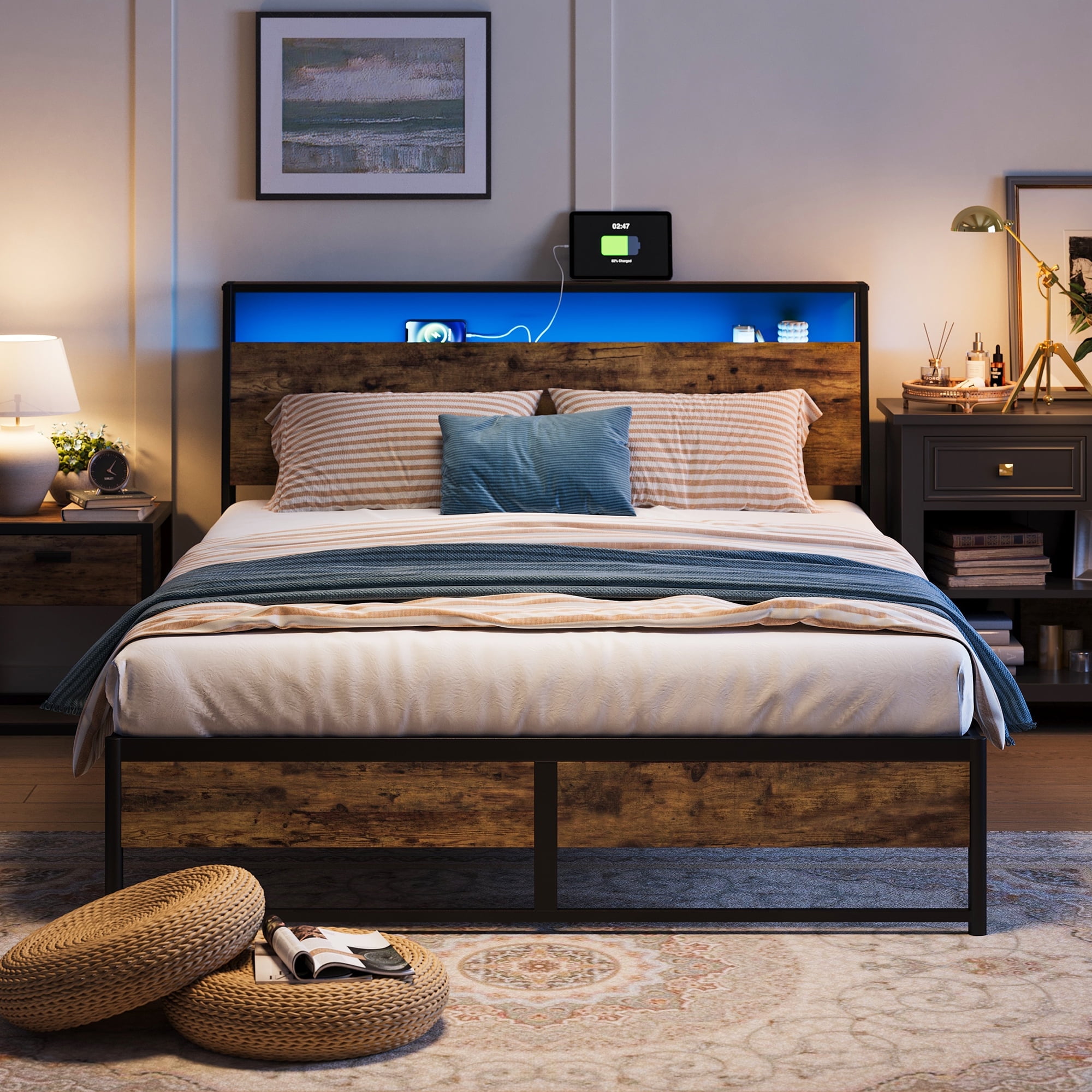 Linsy Home Queen Bed Frame with High Headboard Charging Station 3 Shelves LED Lights Dark Brown Walmart