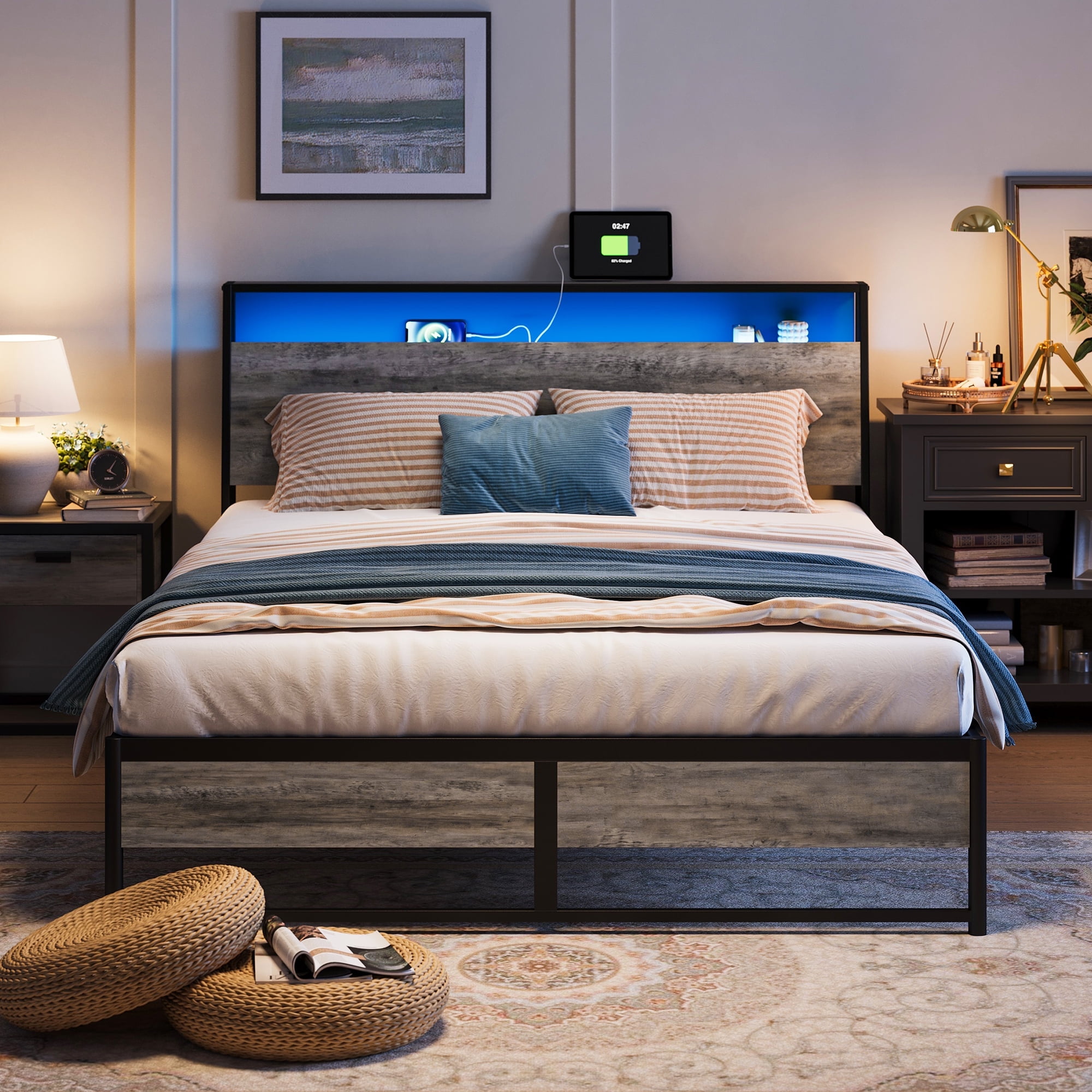 Queen Size Light Grey Metal Platform Bed Frame with Bamboo Headboard and Storage