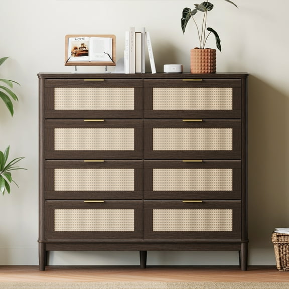 Linsy Home Rattan Dressers for Bedroom, Wide Chest of 8 Drawers, Dark Brown