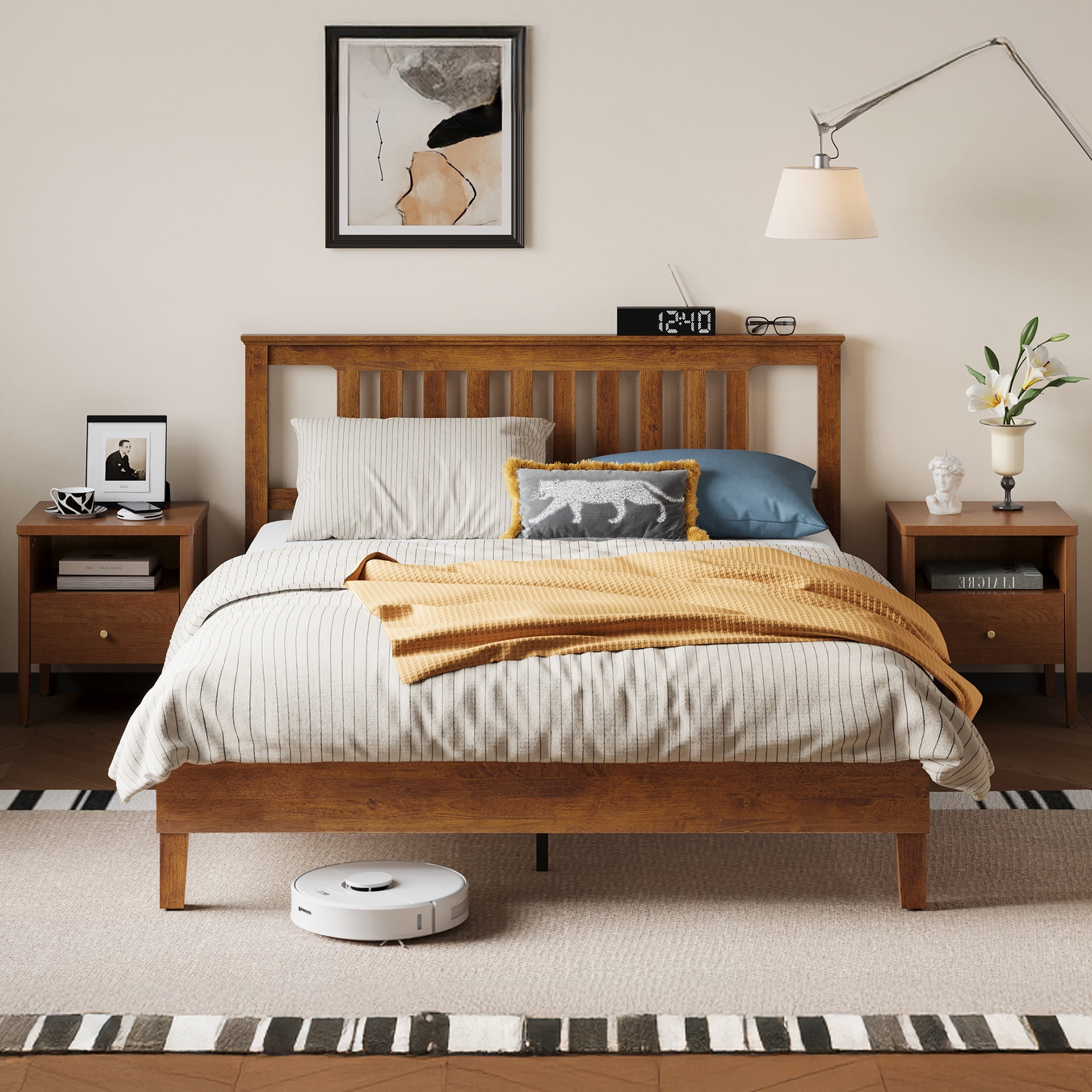 Walnut Queen Wood Platform Bed Frame with Slatted Headboard