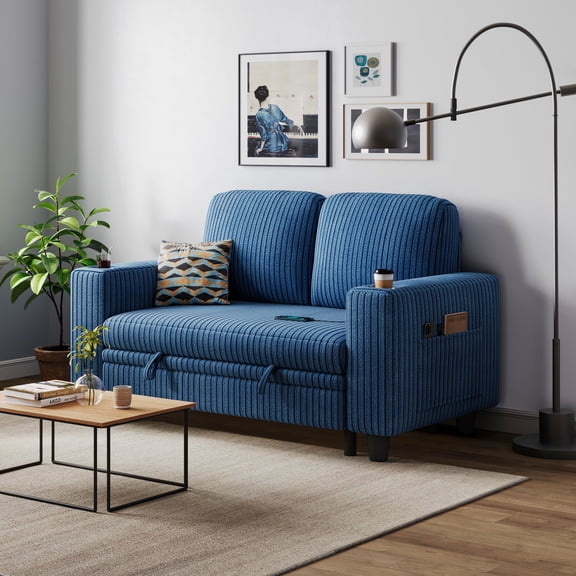 Linsy Home Storage Corduroy Loveseat Sofa Couch with USB & Cup Holder, Easy Assembly, Navy Blue