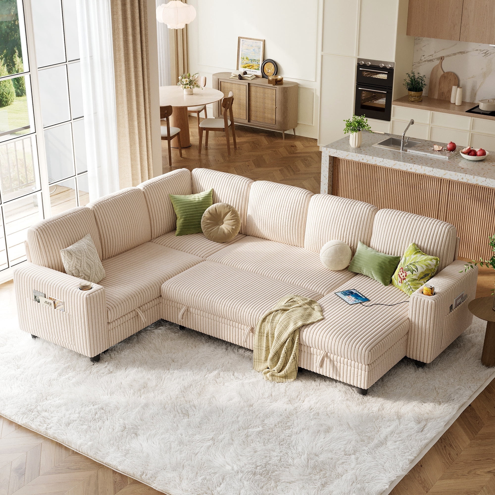 LINSY HOME Modular Sectional Sleeper Sofa with Pull Out Bed,  Sectional Sofa with with USB & Cup Holder for Living Room, Beige