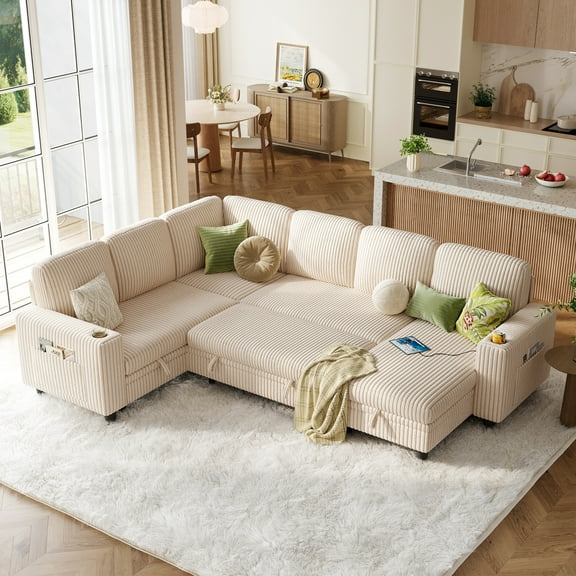 Linsy Home Storage Sectional Sleeper Sofa with Pull Out Bed, 7 Seat Modular Sectional Sofa with with USB & Cup Holder, Plush Corduroy Sectional Couches for Living Room, Beige