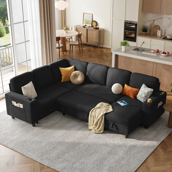 Linsy Home Storage Sectional Sleeper Sofa with Pull Out Bed, 7 Seat Modular Sectional Sofa with with USB & Cup Holder, Plush Corduroy Sectional Couches for Living Room, Black