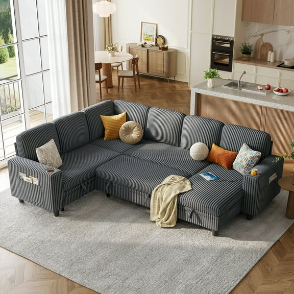 Linsy Home Storage Sectional Sleeper Sofa with Pull Out Bed, 7 Seat Modular Sectional Sofa with with USB & Cup Holder, Plush Corduroy Sectional Couches for Living Room, Dark Grey