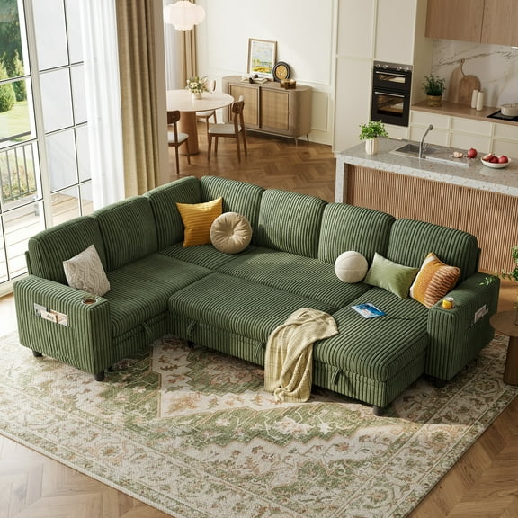 Linsy Home Storage Sectional Sleeper Sofa with Pull Out Bed, 7 Seat Modular Sectional Sofa with with USB & Cup Holder, Plush Corduroy Sectional Couches for Living Room, Green