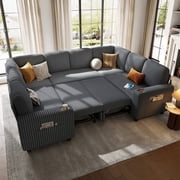 LINSY HOME U Shaped Modular Sectional Sofa for Living Room, Plush Corduroy Sectional Couches with USB & Cup Holder, Dark Gray