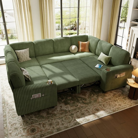 Linsy Home Storage Sectional Sleeper Sofa with Pull Out Bed, 8 Seat Modular Sectional Sofa with with USB & Cup Holder, Plush Corduroy Sectional Couches for Living Room, Green