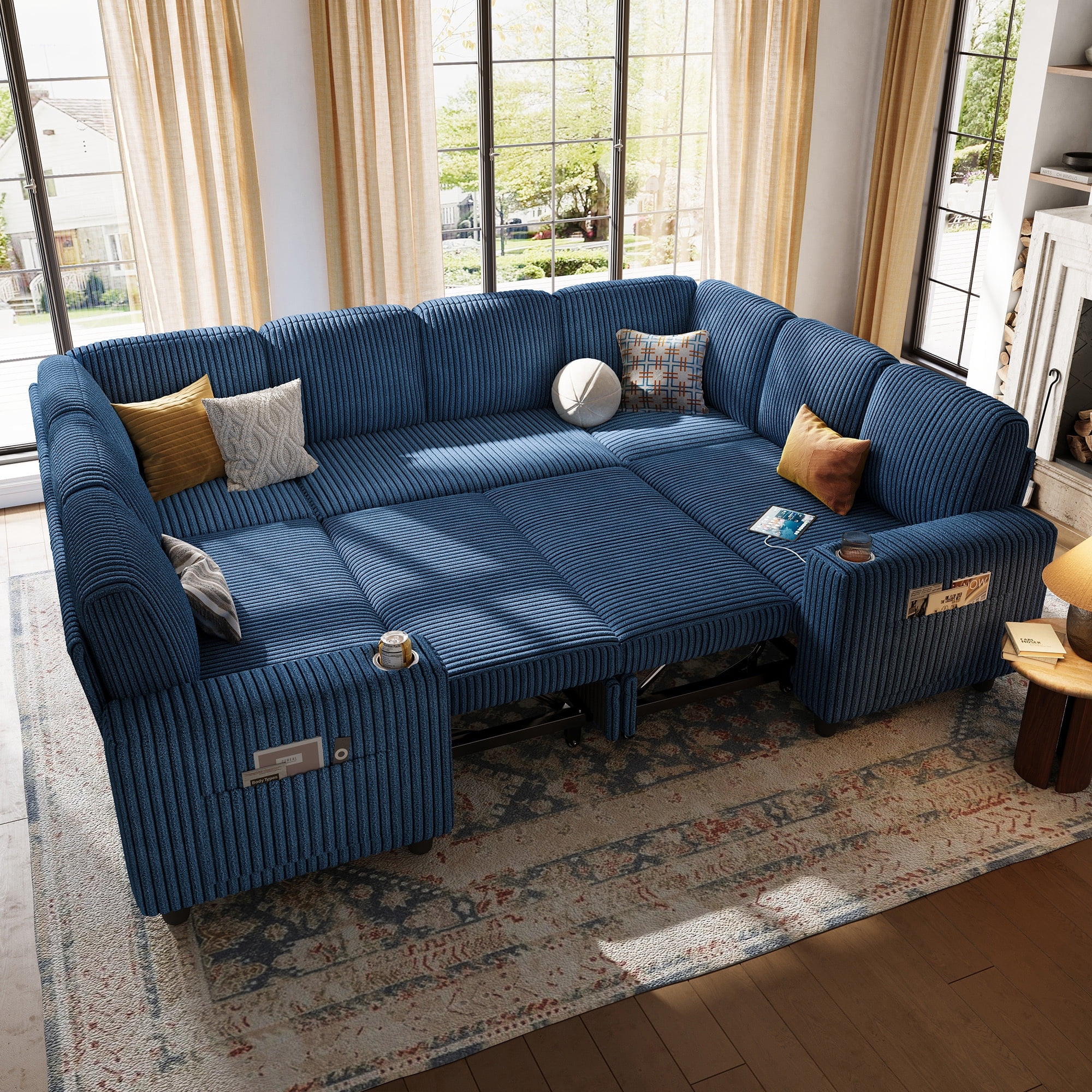 Linsy Home Storage Sectional Sleeper Sofa with Pull Out Bed, 8 Seat ...