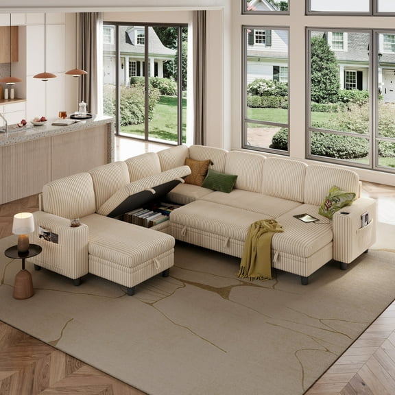 Linsy Home Storage Sectional Sleeper Sofa with Pull Out Bed, 9 Seat Modular Sectional Sofa with with USB & Cup Holder, Plush Corduroy Sectional Couches for Living Room, Beige