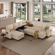 LINSY HOME 7 Seaters Modular Sectional Sofa, Plush Corduroy Sectional Couches, Sleeper Sofa with Pull Out Bed for Living Room, Beige