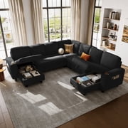LINSY HOME 7 Seaters Modular Sectional Sofa, Plush Corduroy Sectional Couches, Sleeper Sofa with Pull Out Bed for Living Room, Black