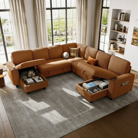 Linsy Home Storage Sectional Sleeper Sofa with Pull Out Bed, 9 Seat Modular Sectional Sofa with with USB & Cup Holder, Plush Corduroy Sectional Couches for Living Room, Brown