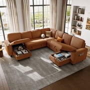 LINSY HOME 7 Seaters Modular Sectional Sofa, Plush Corduroy Sectional Couches, Sleeper Sofa with Pull Out Bed for Living Room, Brown