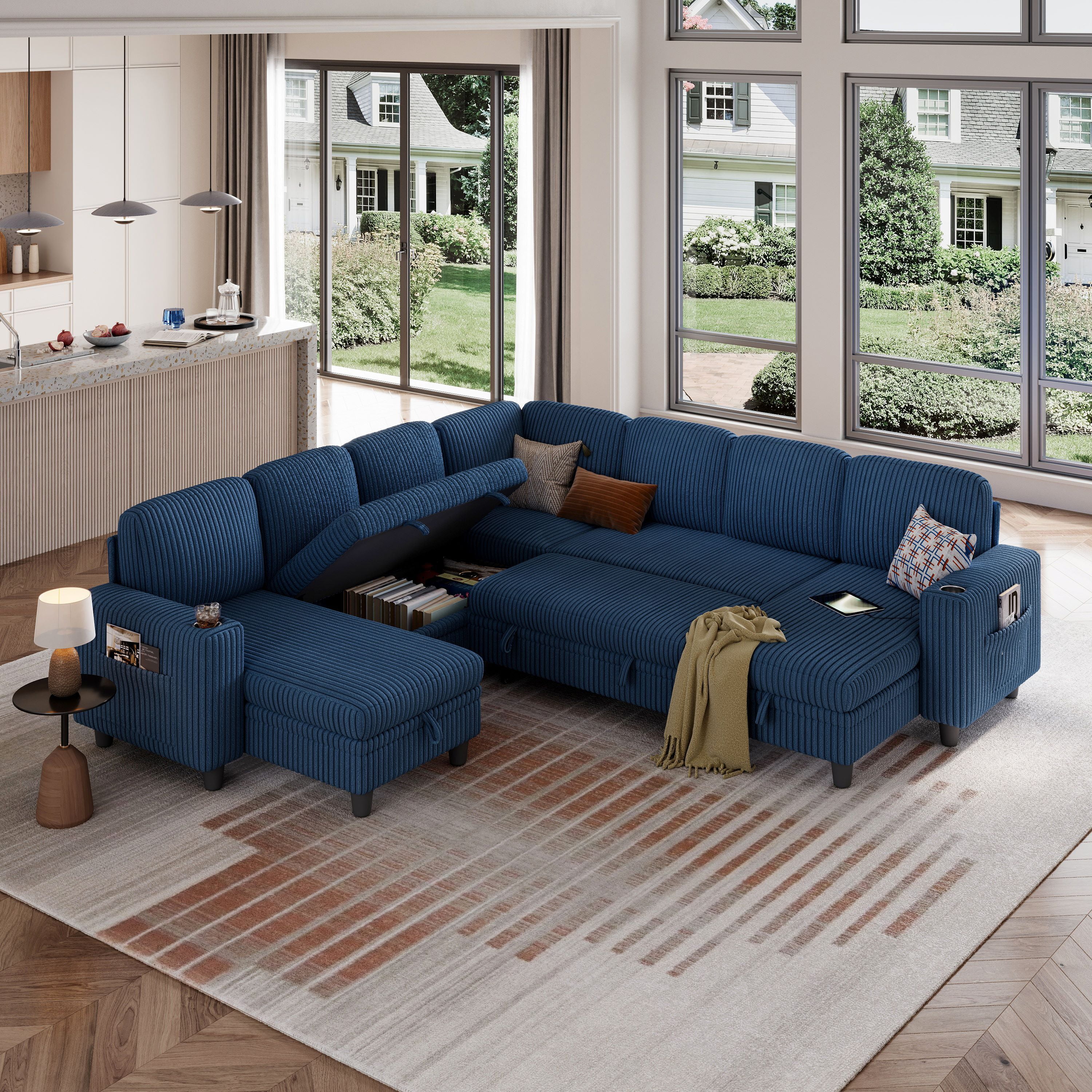 Linsy Home Storage Sectional Sleeper Sofa with Pull Out Bed, 9 Seat ...