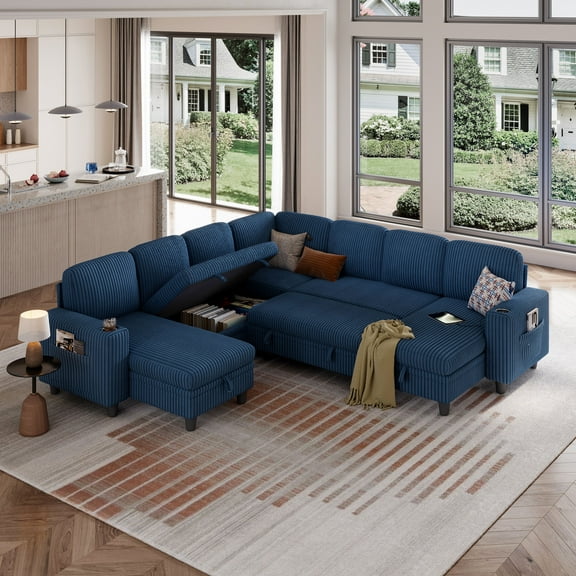 Linsy Home Storage Sectional Sleeper Sofa with Pull Out Bed, 9 Seat Modular Sectional Sofa with with USB & Cup Holder, Plush Corduroy Sectional Couches for Living Room, Navy Blue