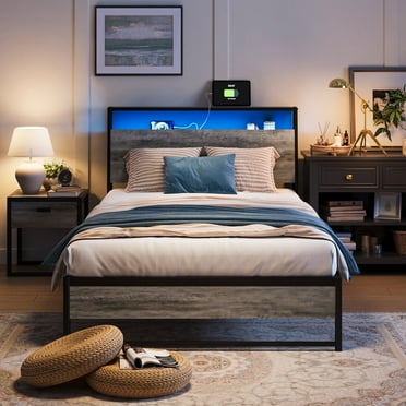Linsy Home Twin Size Platform Bed Frame with Headboard and 3 Storage Shelves, Metal Bed with Lights, Outlets & USB, Light Grey
