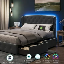 Linsy Home Upholstered Queen Size Platform Bed Frame with Headboard and 4 Storage Drawers, Storage Bed with Remote RGB Lights & Fast Charger, No Box Spring Needed, Dark Grey