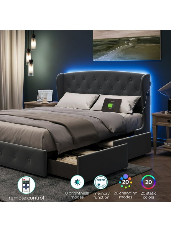 Linsy Home Upholstered Queen Size Platform Bed Frame with Headboard and 4 Storage Drawers, Storage Bed with Remote RGB Lights & Fast Charger, No Box Spring Needed, Dark Grey