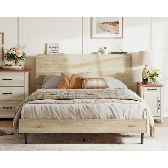 Linsy Home Wood Full Bed Frame With Ergonomic Headboard & Storage Shelf, No Box Spring Needed, Off-white