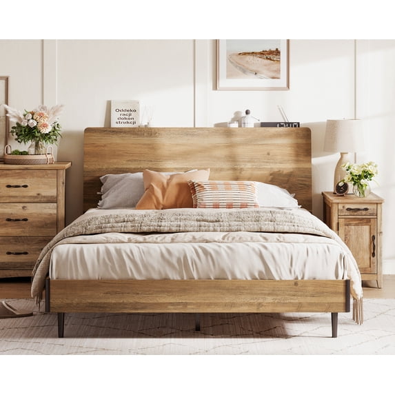 Linsy Home Wood Queen Bed Frame With Ergonomic Headboard & Storage Shelf, No Box Spring Needed, Brown