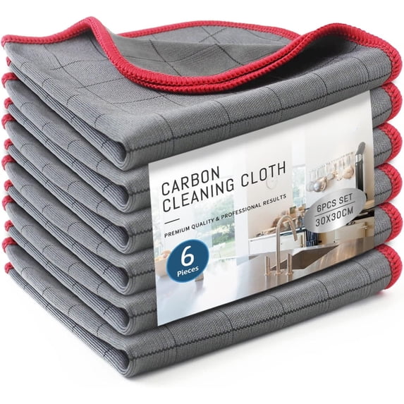 Lint Free Carbon Microfiber Cleaning Cloth Glass Window Polishing Streak Free Miracle Easy Clean Rag Reusable for Mirror Kitchen Dish Auto Detailing, Pack of 6, 12"x12"