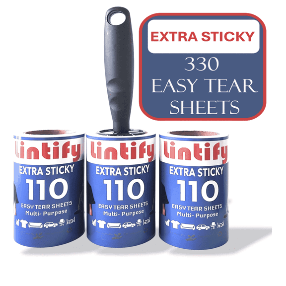 Lintify – Extra Sticky Lint Roller for Pet Hair, Clothes, and Furniture – 330 Sheets with 1 Durable Handle and 3 Refills