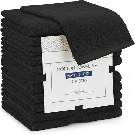 Linteum Textile 100% Cotton Premium Washcloths, 12x12 Inches [Pack of 12] Black