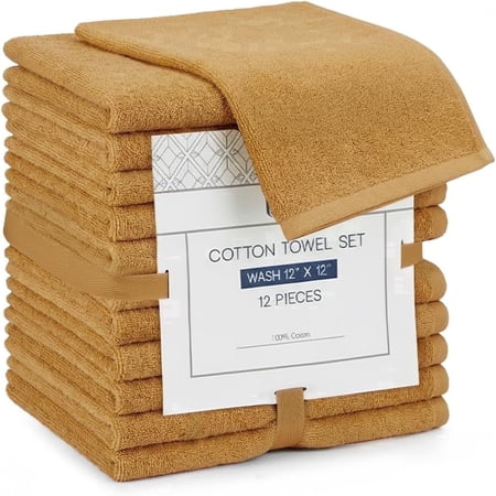 Linteum Textile 100% Cotton Premium Washcloths, 12x12 Inches [Pack of 12] Mustard