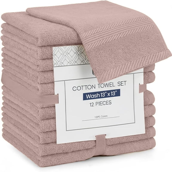 Linteum Textile 100% Cotton Premium Washcloths, 13x13 Inches [Pack of 12] Pink
