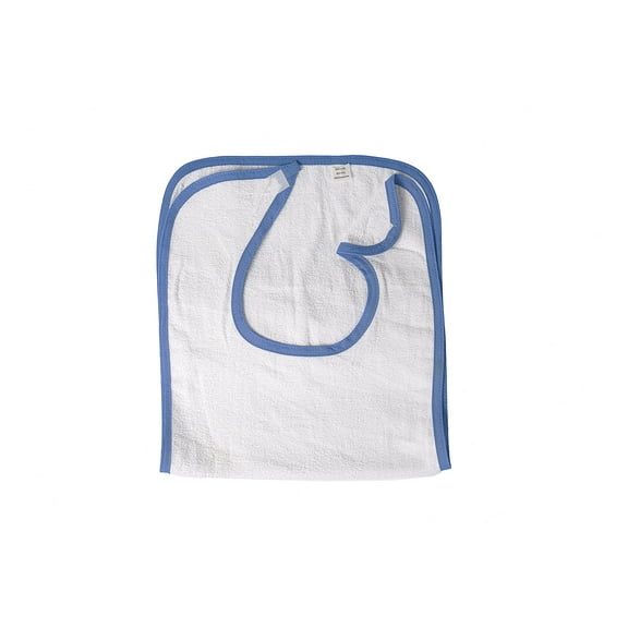Linteum Textile (12-Pack, 15x34) Cotton Terry Adult Bibs with Velcro Closure - White w/Blue piping