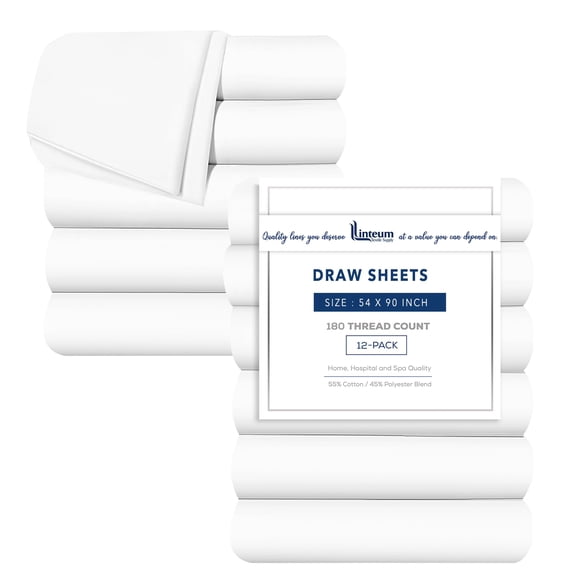 Linteum Textile White Draw Sheets 54x90 Inches Bulk 12 Pack – 180 Thread Count Poly-Cotton Flat Sheets for Hospitals, Clinics, Nursing Homes, Hotels and Massage Tables