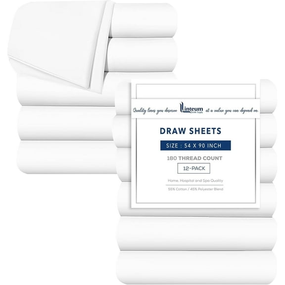 Linteum Textile 54x90 White Draw Sheet, 180 Thread Count Polycotton Flat Sheet (12 Pack)