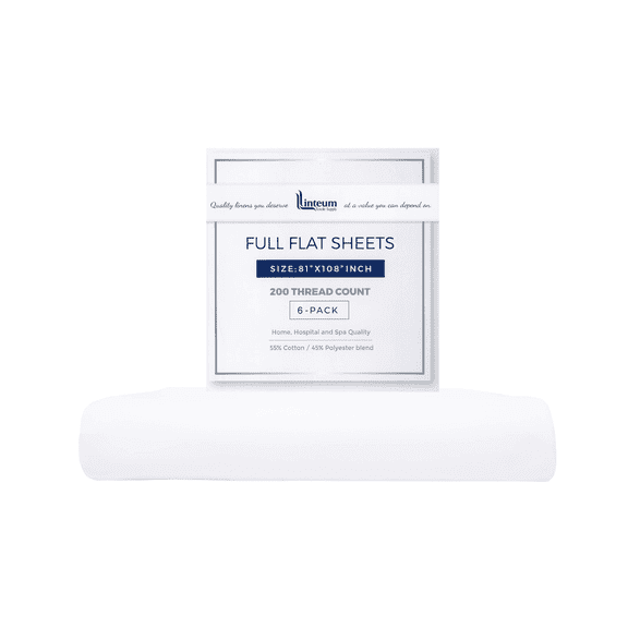Linteum Textile Full White Flat Bed Sheets - 81x108 Inches, 200 Thread Count (6 Pack)