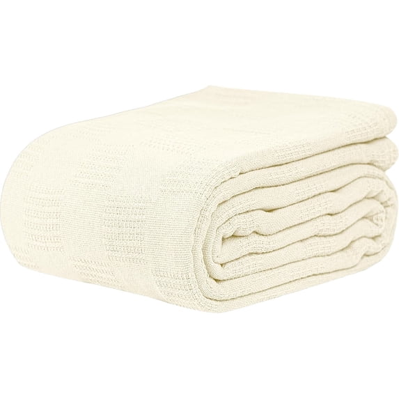 Linteum Textile Hospital Thermal SNAGLESS Blanket, 100% Cotton (74x100 in, Cream) 2 Pack