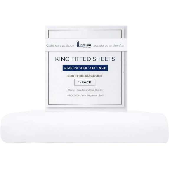 Linteum Textile King White Fitted Bed Sheets, 78x80x12 Inches, 200 Thread Count (1 Pack)