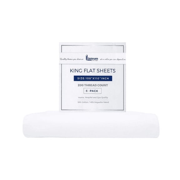 Linteum Textile King White Flat Bed Sheets - 108x110 Inches, 200 Thread Count (6 Pack)